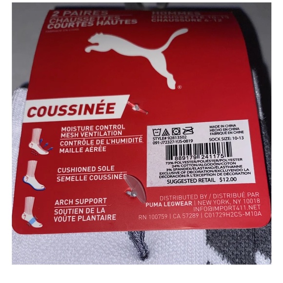 Puma Cushioned Low Crew Socks 2 Pair Mens 6-12 Gray White w/ Logo NEW Cushioned - Picture 2 of 8